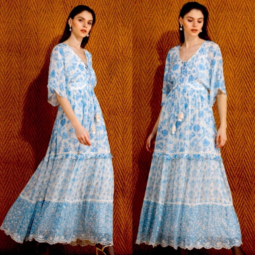 Hemant & Nandita Caleb Maxi Dress Blue White Dolman Sleeves Tiered Small $630
